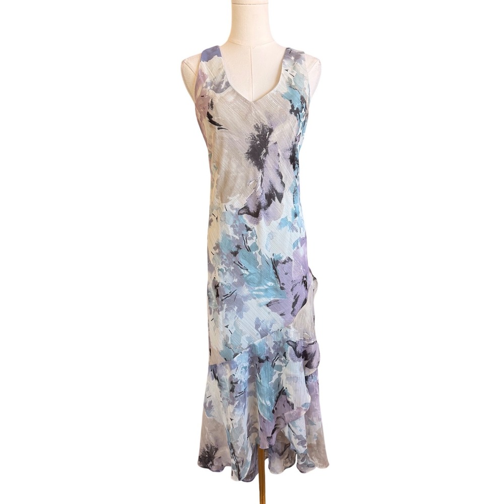 R&M Richards Floral Watercolor Maxi Dress Blue Purple Ruffle Hem Size 12